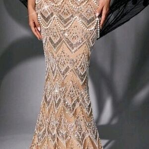 Beaded Nude Maxi Dress with Geometric Embellishment